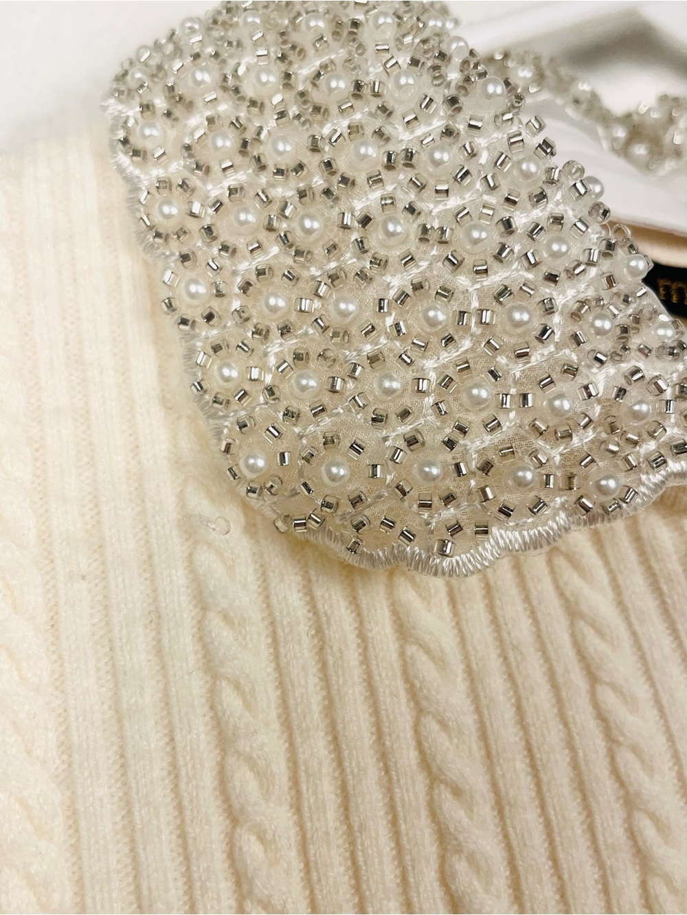 MAJE Embellished Pearl Beaded Peter Pan Collar Short Sleeve Sweater Top 0/XS - Picture 7 of 9